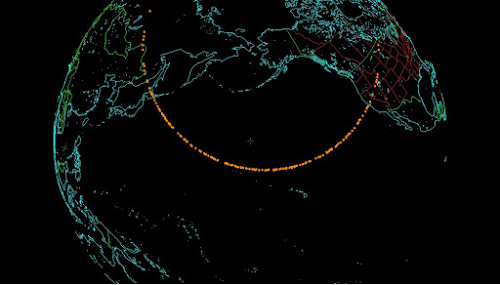 An asteroid (fireball) risk corridor of potential impact for the NEO 2018 VP1, the orange dots is where 200 virtual impactors strike the Earth's atmosphere.